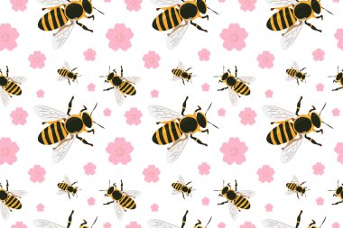 Bu canlı ve canlı desen, tüm mevsimsel tasarımlar için ideal, güzel pembe çiçekler arasında büyüleyici arılar sergiliyor.