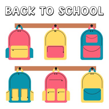 Okul çantaları seti. Düz vektör çizimi. Okula dönüş konsepti, eğitim, okul izni, birinci sınıf.