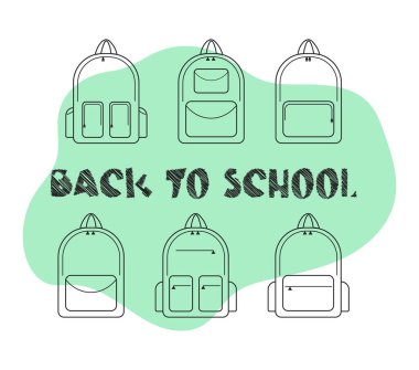 Okul çantaları takımı. Düz vektör çizimi. Okula dönüş, eğitim, okul izni, birinci sınıf konsepti. özet biçimi