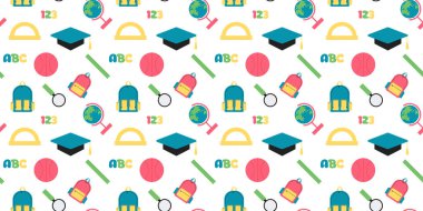 Okul malzemeleriyle okula hoş geldin desenleri kusursuz. Okulun arka planına. Süper satış. Vektör illüstrasyonu.