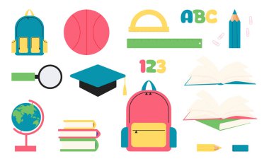 Okul malzemeleri seti. Vektör düz çizim. Okula geri dön.