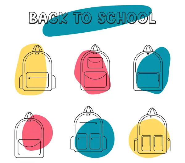 Okul çantaları seti. Düz vektör çizimi. Okula dönüş, eğitim, okul izni, birinci sınıf konsepti. Çizim çizimi