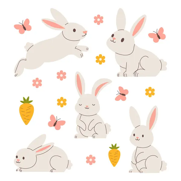 Sevimli tavşanlar, Paskalya Tavşanları, bahar çiçekleri ve kelebekler. vektör illüstrasyonu.