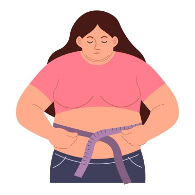 Obez kadının vektör çizimi. Aşırı kilolarla, kötü beslenme alışkanlıklarıyla, obeziteyle, sağlıksız beslenme düzeniyle ilgili sorunlar. Kilo kaybı ve diyet kavramı.