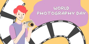 Dünya fotoğraf günü afiş şablonu. Adam fotoğraf çekiyor, düz vektör çizimi. poster ya da tebrik kartı tasarımı