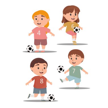 Beyaz arka planda futbolu tekmeleyen şirin çizgi film kızlarının vektör seti.