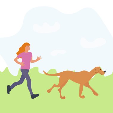 Bir kız köpeğiyle parkta koşar. Vektör illüstrasyonu