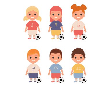 Çizgi film futbol takımı. Spor formalı ve toplu oyuncular. Çocuk futbol takımı. vektör illüstrasyonu