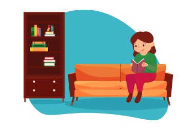 Sevimli kız kanepede oturuyor ve ilginç bir kitap okuyor. Kitaplık. Kütüphane. Vektör illüstrasyonu