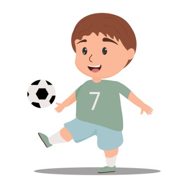 Küçük şirin çocuk topla futbol oynuyor. Genç bir futbolcu. vektör illüstrasyonu