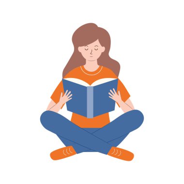 Genç bir kadın oturuyor ve zevk ve ilgiyle bir kitap okuyor. Kız ya günlüğünü tutar ya da not alır. Akıl sağlığı kavramı. Vektör illüstrasyonu