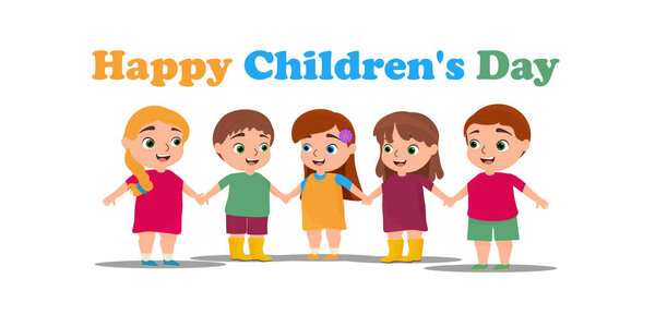 Greeting card on the International Children s Day. color text and a group of cheerful children. Vector.