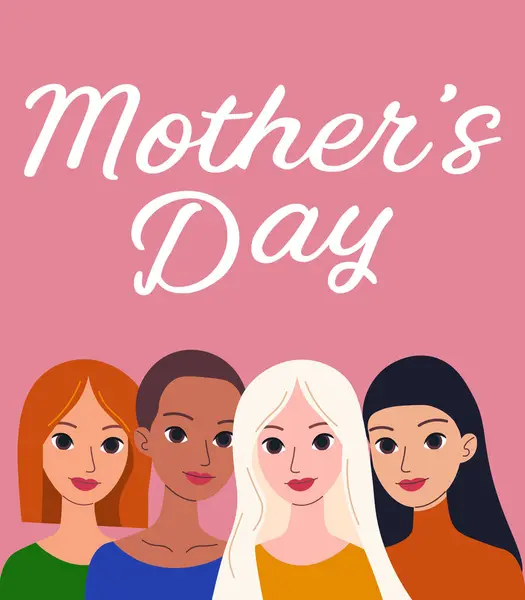 Farklı etnik köken posterlerinden farklı kadın yüzleri. Anneler Günün kutlu olsun. vektör illüstrasyonu.