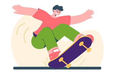 Kaykay numarası yapan bir çocuk, dinamik hareket, şehir sporu. Parlak renklere sahip düz vektör çizimi, minimal tasarım, gölgeler yok.