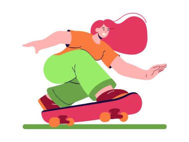 Uçan kızıl saç kaykayı olan genç bir kadının dinamik vektör çizimi. Parlak yeşil pantolon ve turuncu gömlek giyiyor. Enerji ve kendine güven saçıyor..