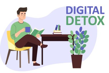 Dijital detoks kavramı. Bir adam kitap okur, telefonsuz zaman geçirmekten zevk alır. düz vektör çizimi beyaz arkaplanda izole edildi.