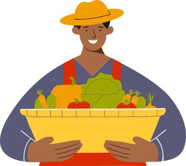 Mutlu Çiftçi Sandığı Taze sebzeler. Sonbahar hasadı. Vektör çizimi. Sonbahar pazarı .