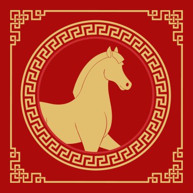 Kırmızı arka planda altın bir at. 2026 Çin Yeni Yılı, burç burcu.