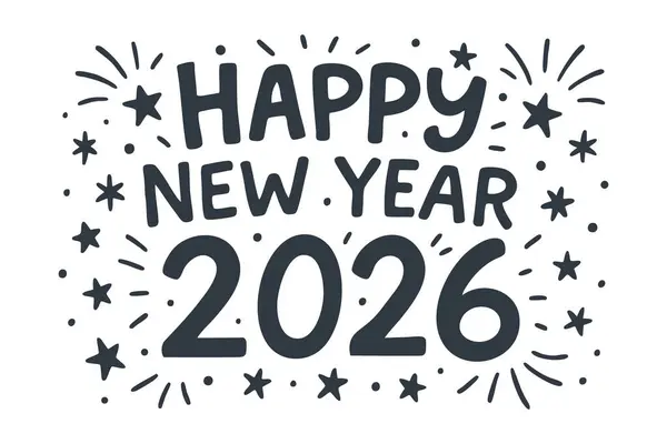 Mutlu yıllar 2026. Beyaz arka planda siyah karalama harfleri var. Poster, afiş ve baskılar için harf tasarımı.