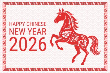 Vektör tebrik kartı. Mutlu yıllar 2026. Yılın sembolü. Çin Yeni Yılı. At burcu..