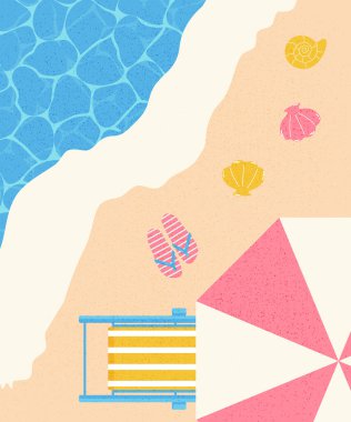 Yaz tabelası, kumsalda güneşli bir şemsiye kumlu bir kumaş, vektör.