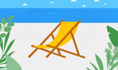 Yaz vektör afişi. Plajdaki plaj şezlongu, kumlu doku, illüstrasyon..