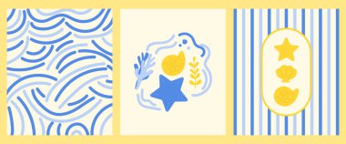 Koleksiyon vektörü soyut yaz posterleri. Deniz kabukları ve deniz dalgalarıyla tasarım.