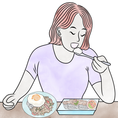 Sağlıklı yemek yiyen kadın. El çizimi. Düz tasarım, suluboya gibi yaratıcı çizimler..