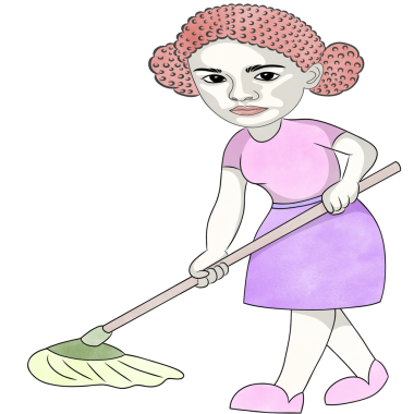 Örgülü bir kadın. Yerleri paspaslamak. El çizimi, düz tasarım ve suluboya ile yaratıcılık..