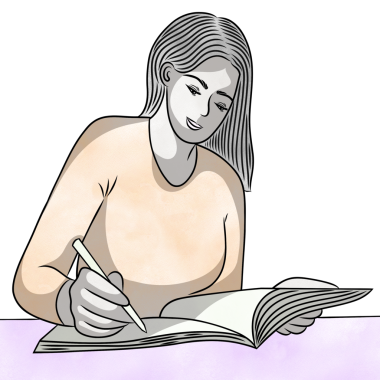 Genç öğrenciler kitap okuyor. El çizimi, düz tasarım ve suluboya resimlerle yaratıcı..