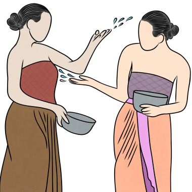 Taylandlı geleneksel Songkran kostümlü kişi, Tayland elbiseli şirin kız, düz tasarım resimli yaratıcı..