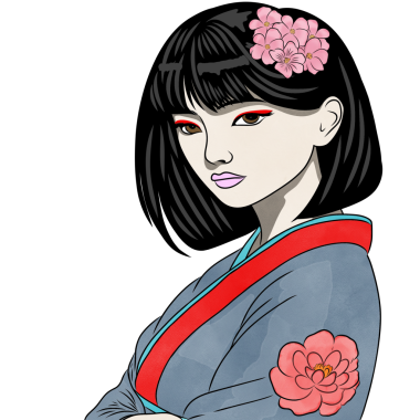 Kimonodaki genç Japon kadın. Düz tasarım ve suluboya resimlerle yaratıcı.