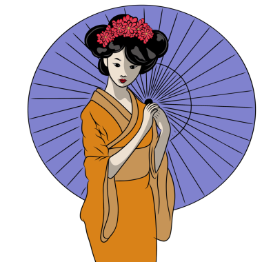Kimonodaki genç Japon kadın. Düz tasarım ve suluboya resimlerle yaratıcı.