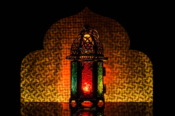 Lantern Blurred Focus Black Paper Cut Mosque Shape Golden Background — Stock Photo, Image
