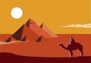 Gün batımında Giza Piramidi 'nde bir deve ve binici silueti. Düzenlenebilir Klip Sanatı.