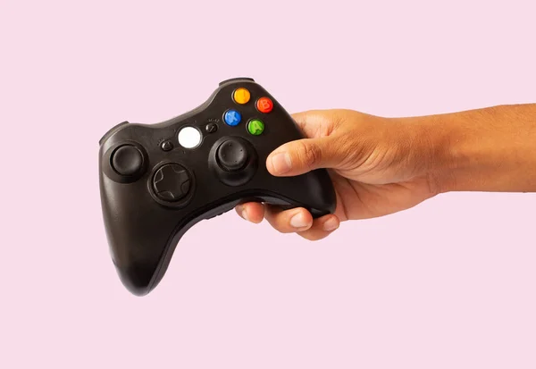 Man Holding Console Controller Pink Background — Stock Photo, Image