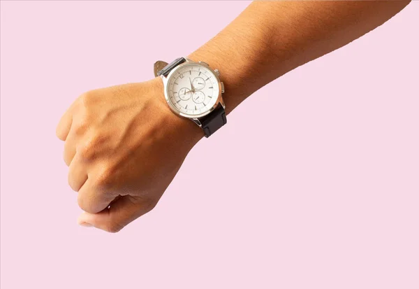 Pessoa Mostrando Tempo Sua Mão Fundo Rosa — Fotografia de Stock