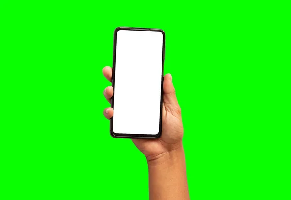 Hand Håller Mobiltelefon Med Vit Skärm Grön Bakgrund — Stockfoto