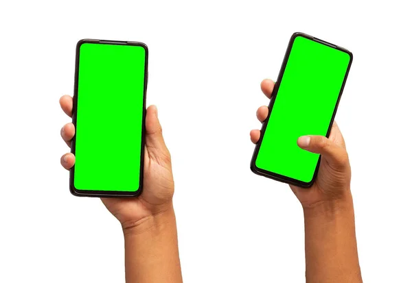 Zestaw Rąk Trzymających Telefon Komórkowy Zielonym Ekranem Białym Tle — Zdjęcie stockowe