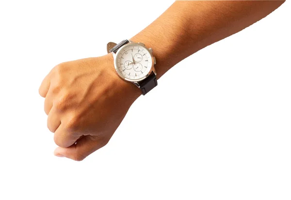 Homem Mostrando Seu Relógio Caro Fundo Branco — Fotografia de Stock