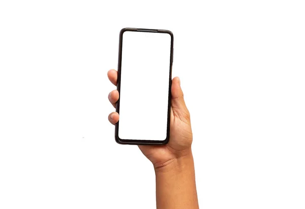 手持白色背景的高质量手机 — 图库照片