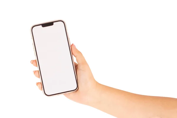 Kobieta Trzyma Telefon Komórkowy Białym Ekranem Białym Tle — Zdjęcie stockowe