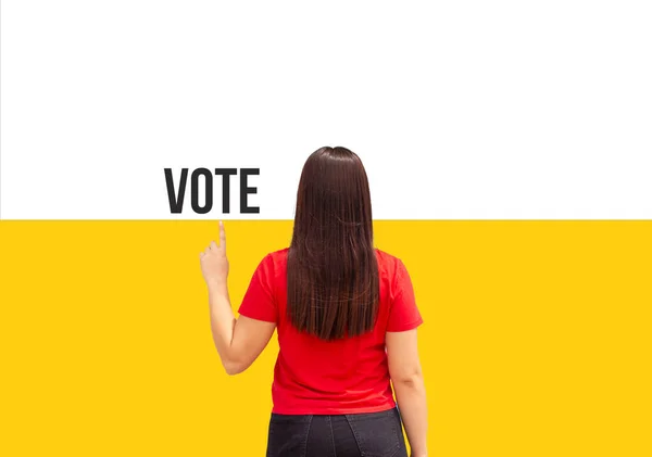 Beautiful Young Woman Pointing Word Vote Yellow Background — Stock Photo, Image