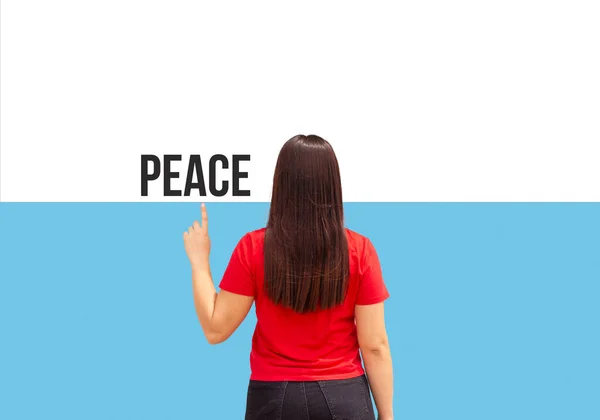 Beautiful Young Woman Pointing Word Peace High Resolution — Stock Photo, Image
