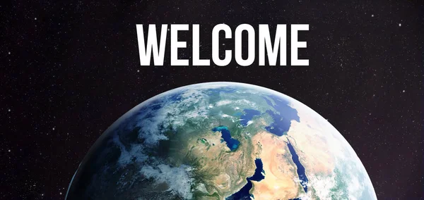 Planeta Země Slovem Vítejte Vrcholu Vysokém Rozlišení — Stock fotografie