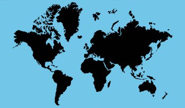 Tüm kıtalar mavi arkaplanda tam siyah dünya haritası