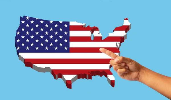 Mano Señalando Estados Unidos América Sobre Fondo Azul — Foto de Stock