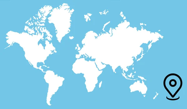 Pełna Biała Mapa Świata Wskaźnikiem Niebieskim Tle — Zdjęcie stockowe