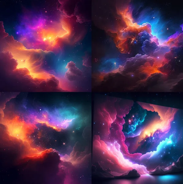 set of images of space with colored clouds