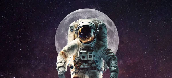 astronaut floating in space with the background of the moon in the universe